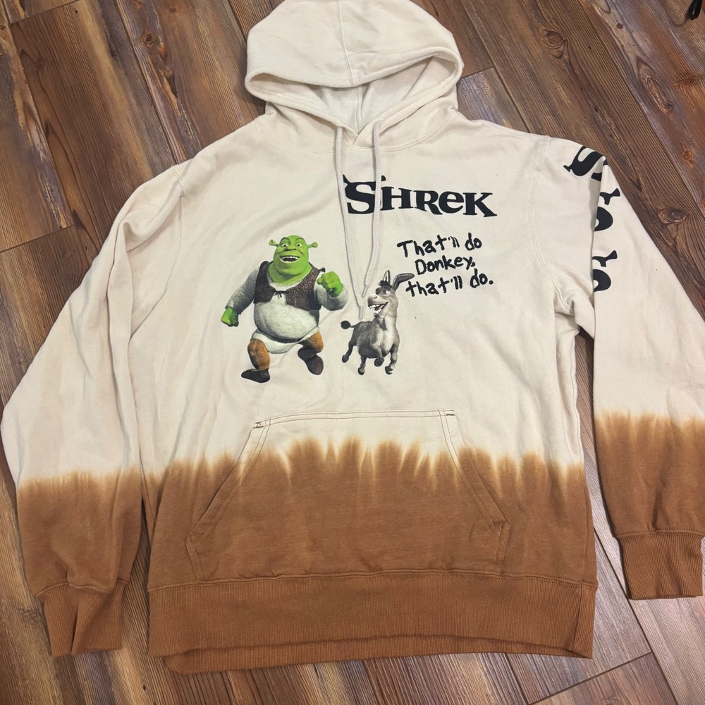 Dreamworks Shrek Donkey Graphic Hoodie Dip Dye Brown Cream Mens Large